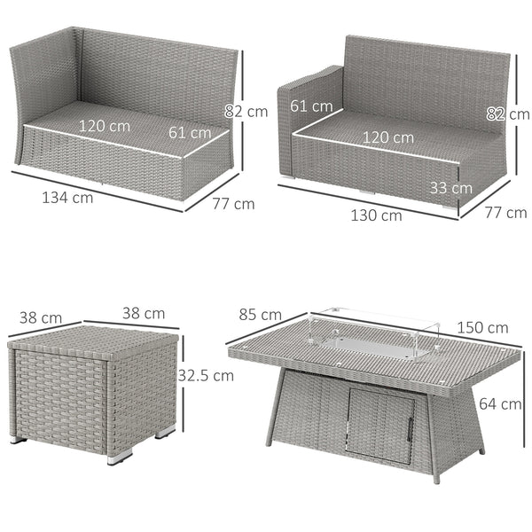 7 Pieces PE Rattan Garden Furniture Set, 50,000 BTU Gas Fire Pit Table, Double Corner Sofa and 3 Footstools, 6 Seater Furniture Sofa Sets with Cushions for Conservatory, Grey