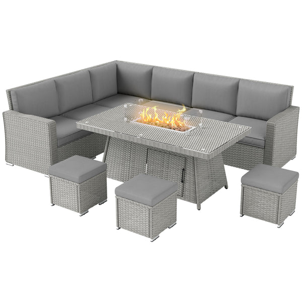 7 Pieces PE Rattan Garden Furniture Set, 50,000 BTU Gas Fire Pit Table, Double Corner Sofa and 3 Footstools, 6 Seater Furniture Sofa Sets with Cushions for Conservatory, Grey