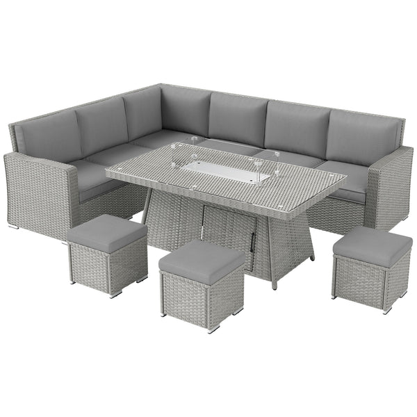 7 Pieces PE Rattan Garden Furniture Set, 50,000 BTU Gas Fire Pit Table, Double Corner Sofa and 3 Footstools, 6 Seater Furniture Sofa Sets with Cushions for Conservatory, Grey