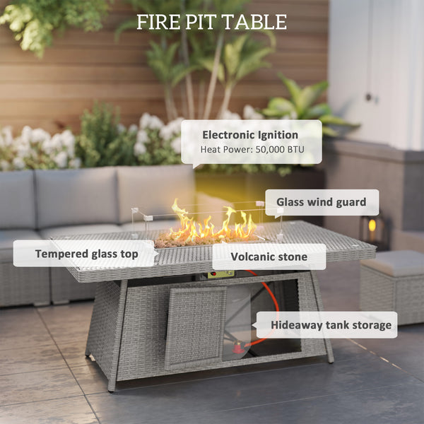 7 Pieces PE Rattan Garden Furniture Set, 50,000 BTU Gas Fire Pit Table, Double Corner Sofa and 3 Footstools, 6 Seater Furniture Sofa Sets with Cushions for Conservatory, Grey