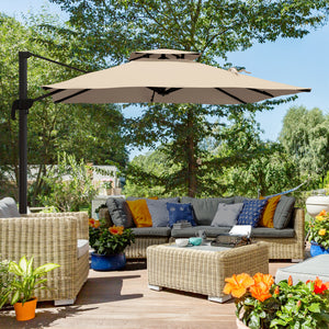 10ft Square Cantilever Patio Umbrella, 360° Rotating Overhanging Umbrella with Cross Base, Crank Handle, Double Canopy, 8 Ribs, 250gsm Polyester, Khaki