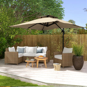 10ft Square Cantilever Patio Umbrella, 360° Rotating Overhanging Umbrella with Cross Base, Crank Handle, Double Canopy, 8 Ribs, 250gsm Polyester, Khaki
