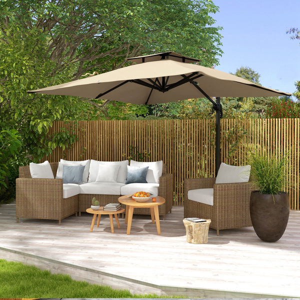 10ft Square Cantilever Patio Umbrella, 360° Rotating Overhanging Umbrella with Cross Base, Crank Handle, Double Canopy, 8 Ribs, 250gsm Polyester, Khaki
