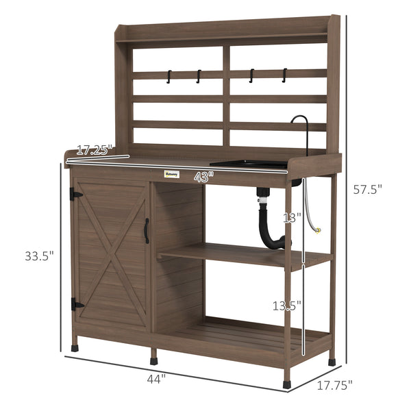 Outsunny Outdoor Wooden Potting Bench Table with Sink and Water Tap, Garden Workstation with Storage Cabinet, Storage Shelves for Backyard, Patio, Balcony, Dark Brown