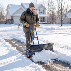 Snow Shovel with Wheels, 29" x 18" Heavy Duty Metal Snow Pusher with 5-Level Adjustable Handle, 7-Angle Blade, Bottom Wear Strip for Driveway, Sidewalks, Garden, Deck, Blue