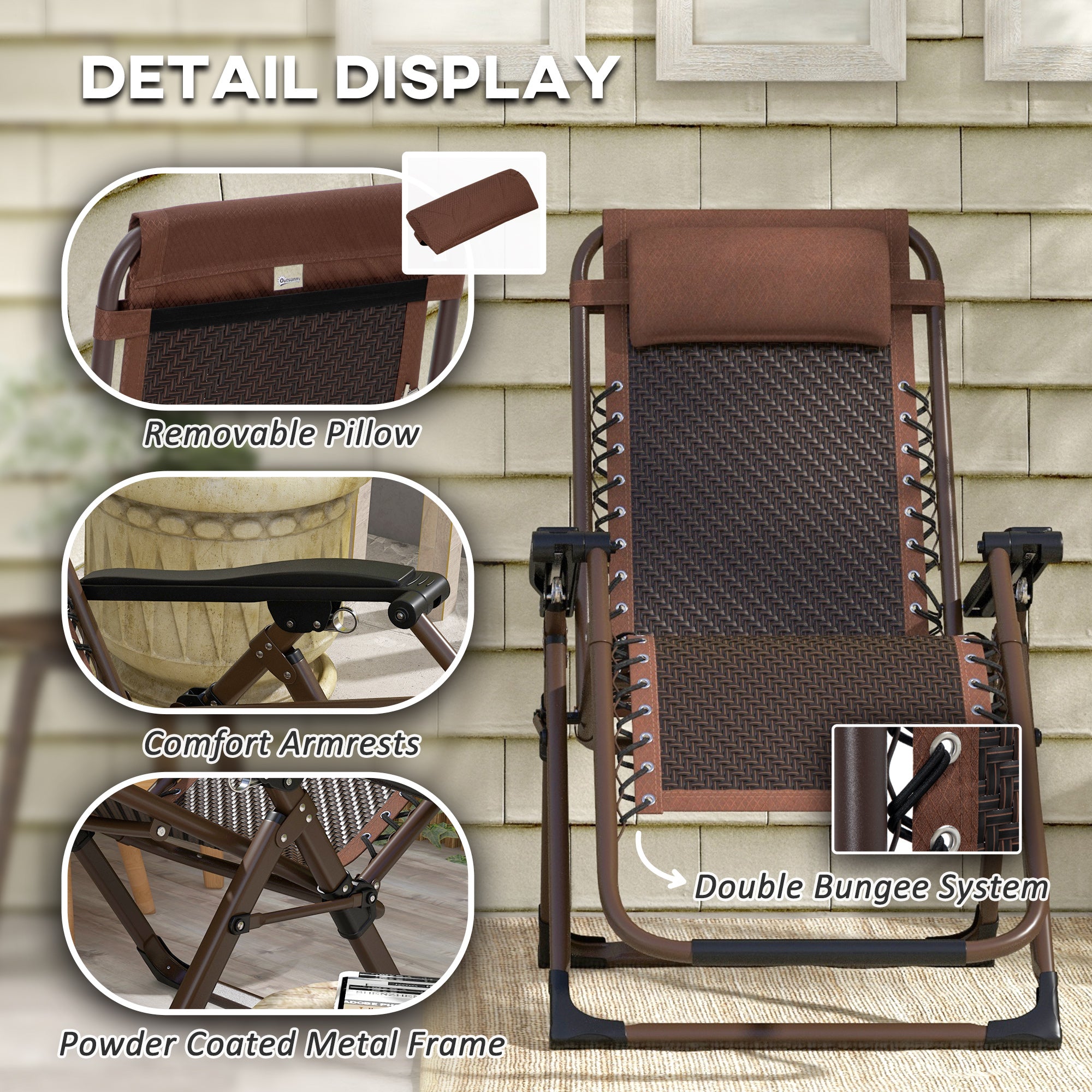 Outsunny Zero Gravity Lounge Chair - Brown PE Rattan Reclining Patio Chair With Headrest