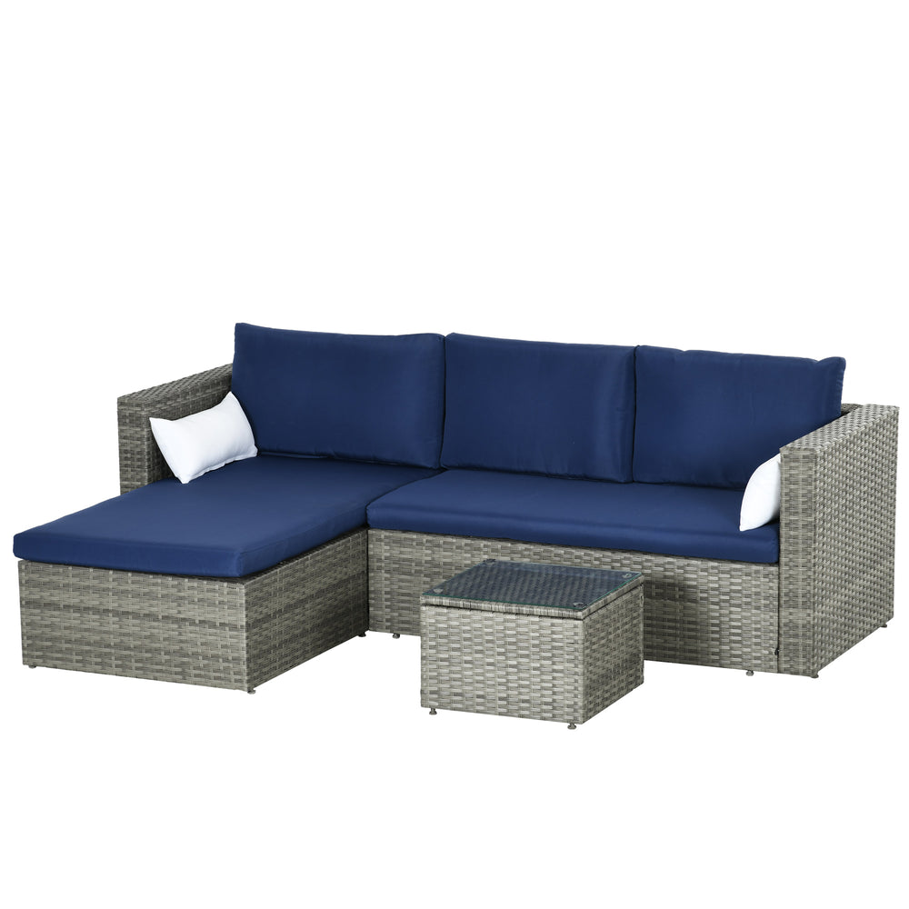 3-Piece Patio Furniture Set Modern Sectional Sofa Rattan Chair Wicker Conversation Set Outdoor Hand Woven Rattan Wicker Furniture Patio Coffee Table Sofa Set, Navy Blue