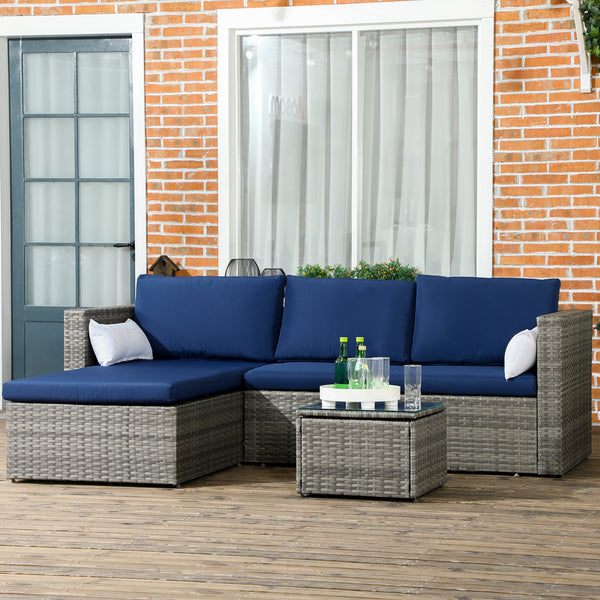 3-Piece Patio Furniture Set Modern Sectional Sofa Rattan Chair Wicker Conversation Set Outdoor Hand Woven Rattan Wicker Furniture Patio Coffee Table Sofa Set, Navy Blue