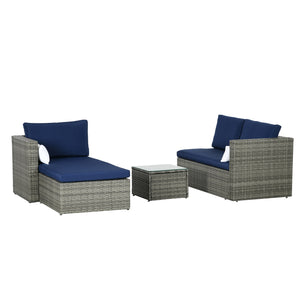 3-Piece Patio Furniture Set Modern Sectional Sofa Rattan Chair Wicker Conversation Set Outdoor Hand Woven Rattan Wicker Furniture Patio Coffee Table Sofa Set, Navy Blue