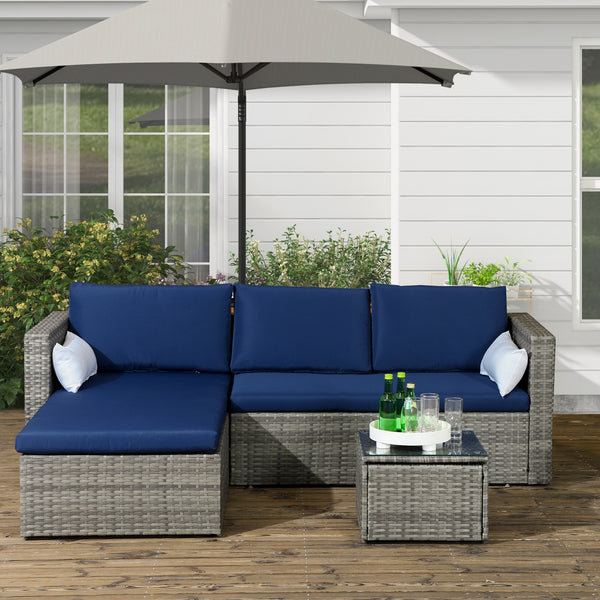 3-Piece Patio Furniture Set Modern Sectional Sofa Rattan Chair Wicker Conversation Set Outdoor Hand Woven Rattan Wicker Furniture Patio Coffee Table Sofa Set, Navy Blue