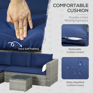 3-Piece Patio Furniture Set Modern Sectional Sofa Rattan Chair Wicker Conversation Set Outdoor Hand Woven Rattan Wicker Furniture Patio Coffee Table Sofa Set, Navy Blue