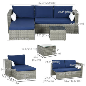 3-Piece Patio Furniture Set Modern Sectional Sofa Rattan Chair Wicker Conversation Set Outdoor Hand Woven Rattan Wicker Furniture Patio Coffee Table Sofa Set, Navy Blue