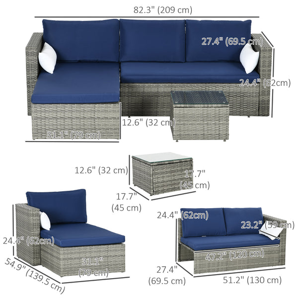 3-Piece Patio Furniture Set Modern Sectional Sofa Rattan Chair Wicker Conversation Set Outdoor Hand Woven Rattan Wicker Furniture Patio Coffee Table Sofa Set, Navy Blue