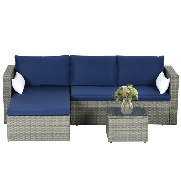 3-Piece Patio Furniture Set Modern Sectional Sofa Rattan Chair Wicker Conversation Set Outdoor Hand Woven Rattan Wicker Furniture Patio Coffee Table Sofa Set, Navy Blue