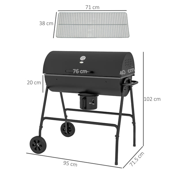 Charcoal Barbecue Grill, Portable Barrel BBQ Trolley Smoker with Wheels, Ash Catcher and Thermometer for Outdoor Garden Party Cooking, Black