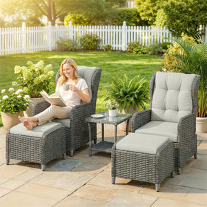 5 Piece Garden Furniture Set, Rattan Reclining Garden Chair Set of 2 with Glass-Top Coffee Table, Footstool and Thickness Cushion for Balcony, Patio, Cream White