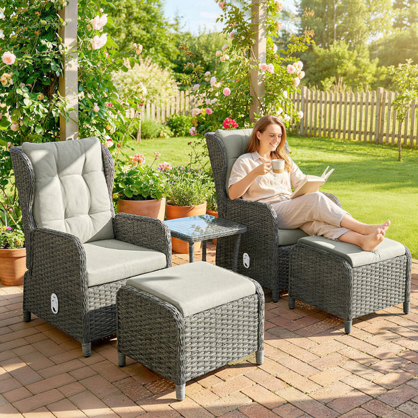 5 Piece Garden Furniture Set, Rattan Reclining Garden Chair Set of 2 with Glass-Top Coffee Table, Footstool and Thickness Cushion for Balcony, Patio, Cream White