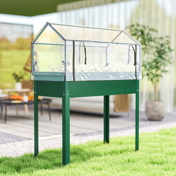 Raised Garden Bed with Greenhouse Cover, Elevated Planter Box with Legs and Drainage Hole for Vegetables Flowers Herbs, 39.4" x 18.9" x 48.8", Green