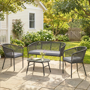4 Piece Garden Furniture Set, Rope Woven Garden Sofa Set with 1 Loveseat, 2 Armchairs, Tempered Glass Coffee Table, Outdoor Conversation Furniture with Cushions for Patio, Dark Grey