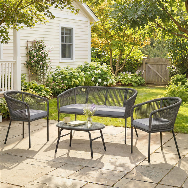 4 Piece Garden Furniture Set, Rope Woven Garden Sofa Set with 1 Loveseat, 2 Armchairs, Tempered Glass Coffee Table, Outdoor Conversation Furniture with Cushions for Patio, Dark Grey