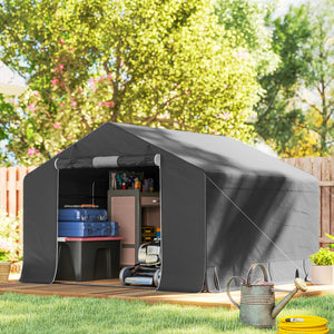 10' x 10' Portable Shed, Waterproof Bike Tent with Roll-up Zipper Door, Reinforced Galvanised Metal Frame, Outdoor Storage Shed for Bike Motorcycle Garden Tool, Dark Grey