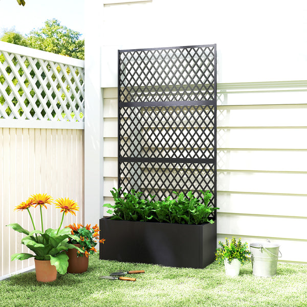 Metal Planter Box with Trellis, Raised Garden Bed with Trellis Privacy Screen and Drainage Holes for Climbing Plants, Diamond Lattice Privacy Planter for Garden, Patio, Balcony