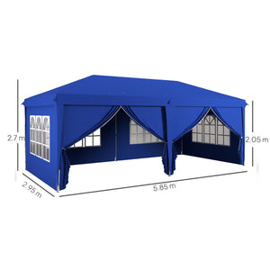 3 x 6 m Garden Pop Up Gazebo, Wedding Party Tent Marquee, Water Resistant Awning Canopy with Sidewalls, Windows, Carry Bag, Blue