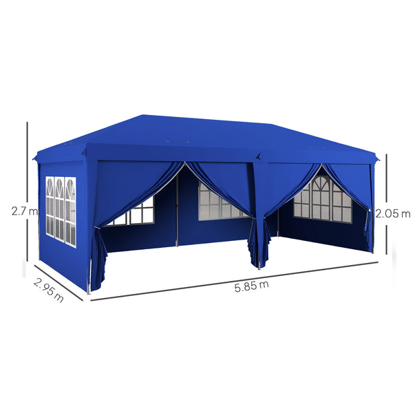 3 x 6 m Garden Pop Up Gazebo, Wedding Party Tent Marquee, Water Resistant Awning Canopy with Sidewalls, Windows, Carry Bag, Blue