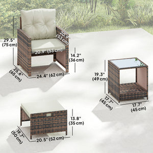 5 Piece Patio Furniture Set, Wicker Patio Chairs with Ottomans, 2-Tier Glass Coffee Table, Cushions, Outdoor Patio Furniture Conversation Set for Balcony, Brown/Cream