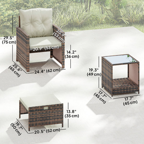 5 Piece Patio Furniture Set, Wicker Patio Chairs with Ottomans, 2-Tier Glass Coffee Table, Cushions, Outdoor Patio Furniture Conversation Set for Balcony, Brown/Cream