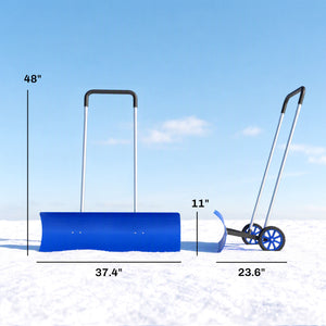 37-Inch Extra Wide Snow Shovel with Wheels, Heavy Duty Aluminum Snow Pusher with Ergonomic Adjustable Handle, Angled Blade and Non-Slip Grip for Driveway, Sidewalks, Garden, Deck, Blue