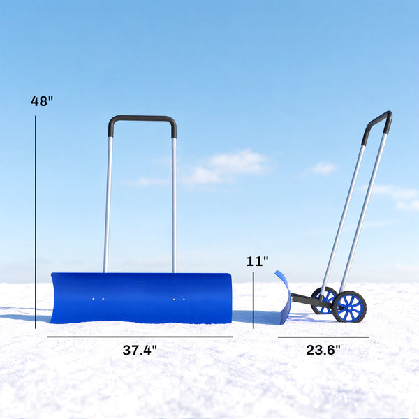 37-Inch Extra Wide Snow Shovel with Wheels, Heavy Duty Aluminum Snow Pusher with Ergonomic Adjustable Handle, Angled Blade and Non-Slip Grip for Driveway, Sidewalks, Garden, Deck, Blue