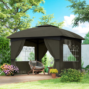 Outsunny 11' x 11' Outdoor Gazebo, Arc Patio Gazebo Canopy Shelter, UV Protected, with Curtains, Church Windows, Double Roof, Galvanized Steel Frame for Lawn, Backyard and Deck, Dark Gray