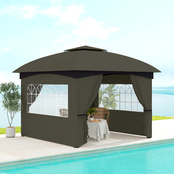 Outsunny 11' x 11' Outdoor Gazebo, Arc Patio Gazebo Canopy Shelter, UV Protected, with Curtains, Church Windows, Double Roof, Galvanized Steel Frame for Lawn, Backyard and Deck, Dark Gray