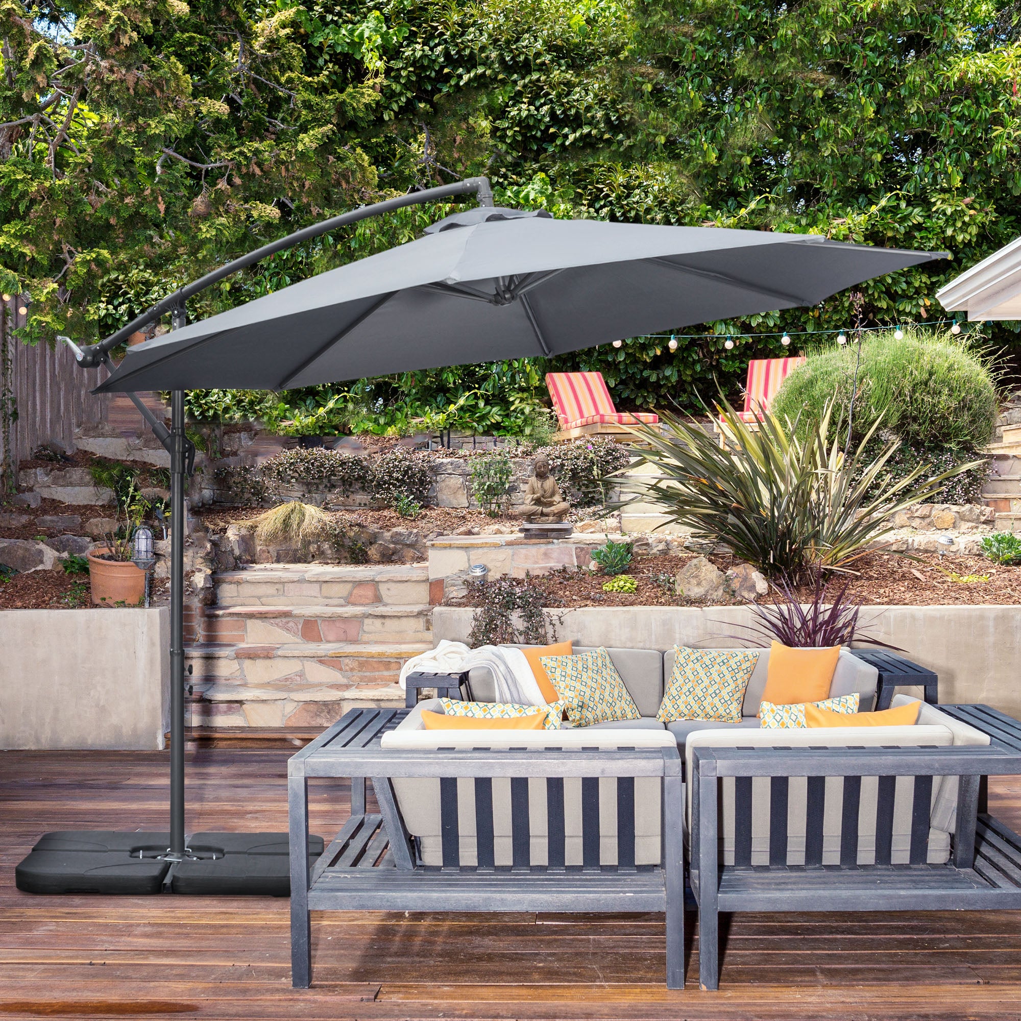 charcoal grey patio umbrella Outsunny 9.6' Offset Cantilever Patio Umbrella with Base & Crank, Dark Grey