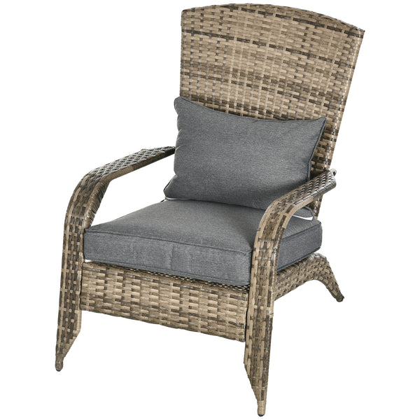Patio Wicker Adirondack Chair, Outdoor PE Rattan Fire Pit Chair, Muskoka Chair w/ Soft Cushions, Tall Curved Backrest and Comfortable Armrests for Deck Garden, Mixed Grey