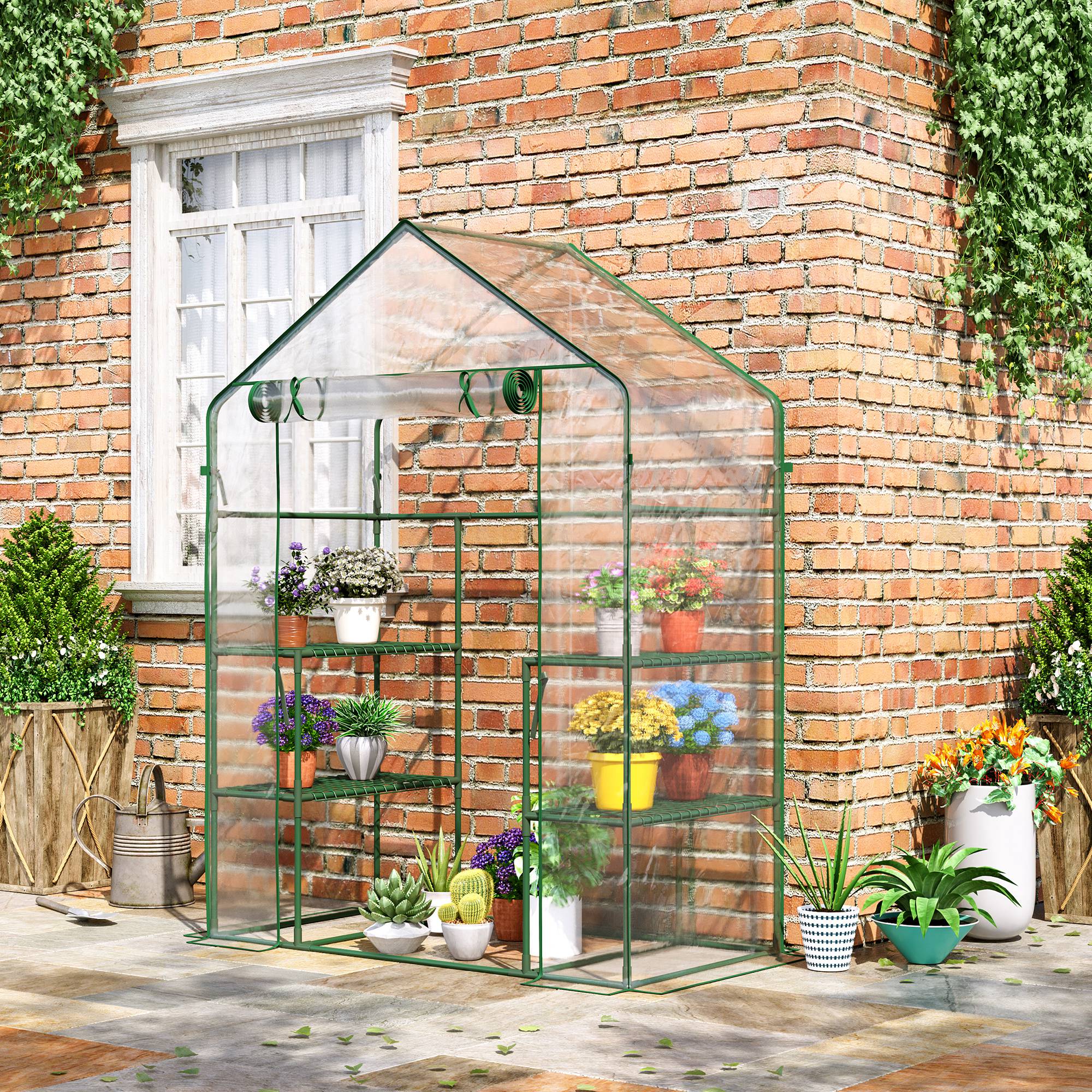 plastic house for plants Outsunny Mini Greenhouse 56 x 29 x 77 Walk-in Garden Hot House with Shelves Roll-Up Door Weatherized Cover Deep Green