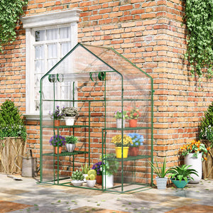 Outsunny 5' x 2.5' x 6.5' Mini Walk-in Greenhouse Kit, Portable Green House with 3 Tier Shelves, Roll-Up Door, and Weatherized Plastic Cover for Backyard Garden, Clear