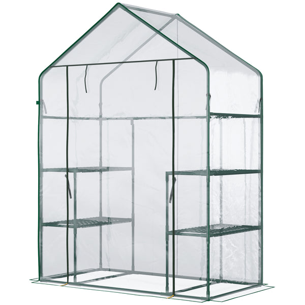 Outsunny 5' x 2.5' x 6.5' Mini Walk-in Greenhouse Kit, Portable Green House with 3 Tier Shelves, Roll-Up Door, and Weatherized Plastic Cover for Backyard Garden, Clear