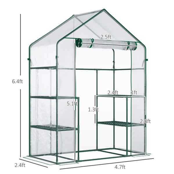 Outsunny 5' x 2.5' x 6.5' Mini Walk-in Greenhouse Kit, Portable Green House with 3 Tier Shelves, Roll-Up Door, and Weatherized Plastic Cover for Backyard Garden, Clear