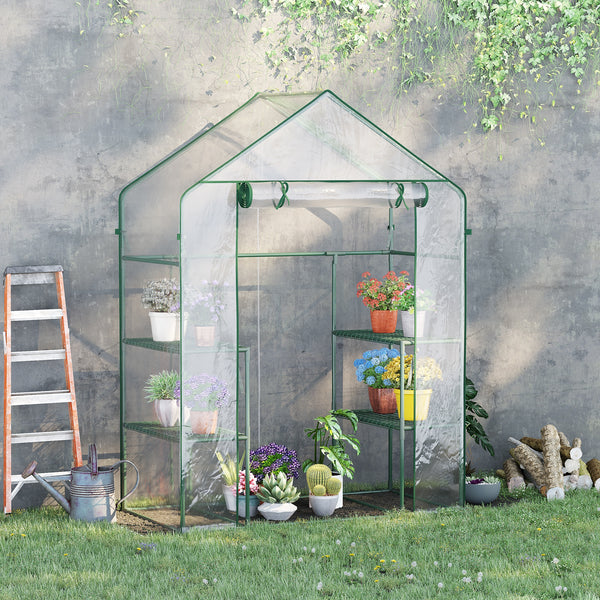 Outsunny 5' x 2.5' x 6.5' Mini Walk-in Greenhouse Kit, Portable Green House with 3 Tier Shelves, Roll-Up Door, and Weatherized Plastic Cover for Backyard Garden, Clear