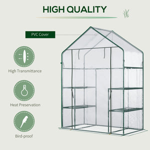 Outsunny 5' x 2.5' x 6.5' Mini Walk-in Greenhouse Kit, Portable Green House with 3 Tier Shelves, Roll-Up Door, and Weatherized Plastic Cover for Backyard Garden, Clear