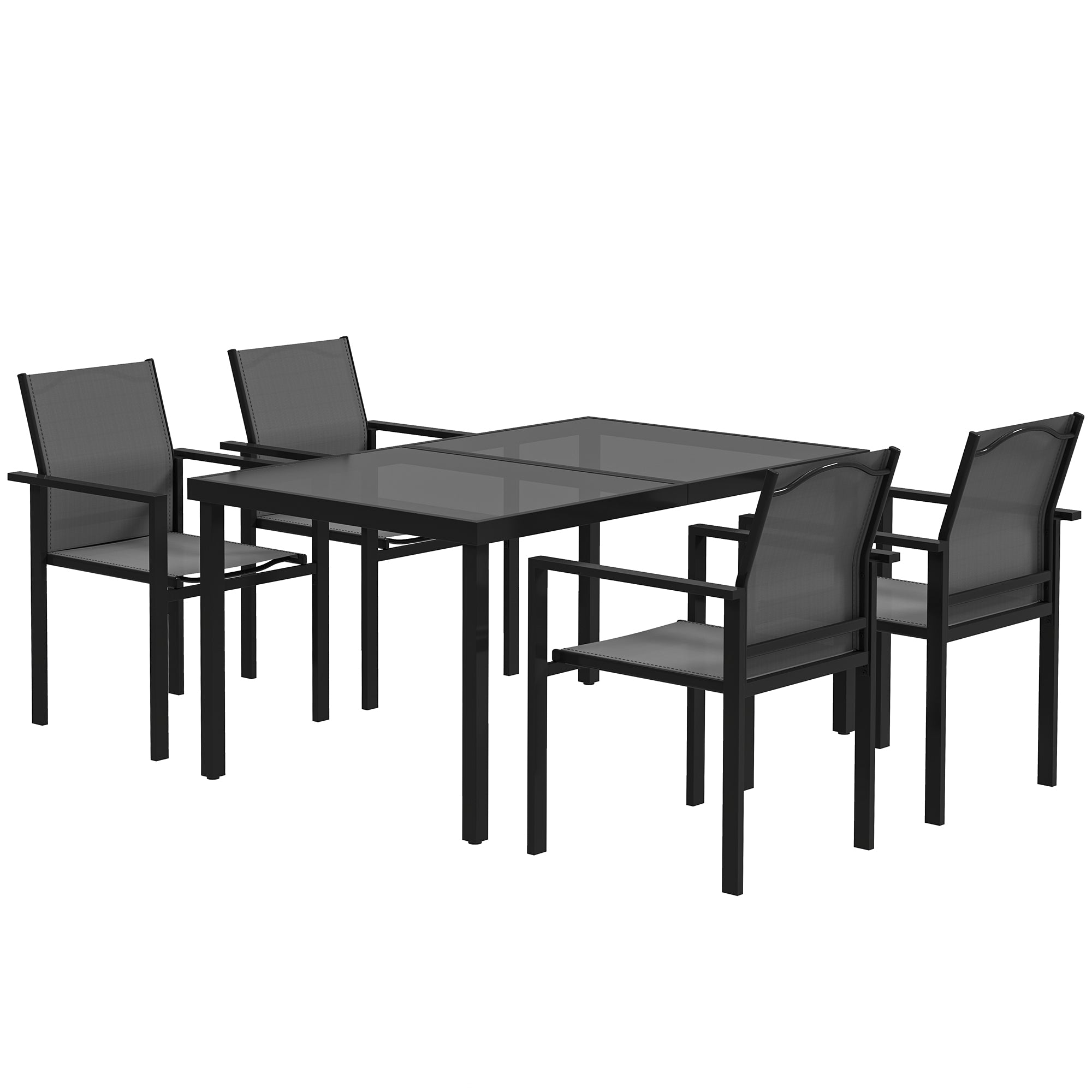 4 piece metal and glass umbrella patio set Outsunny Patio Dining Set for 4, Rust-Resistant Table w/ Tempered Glass Top, 4 Stackable Chairs, Black