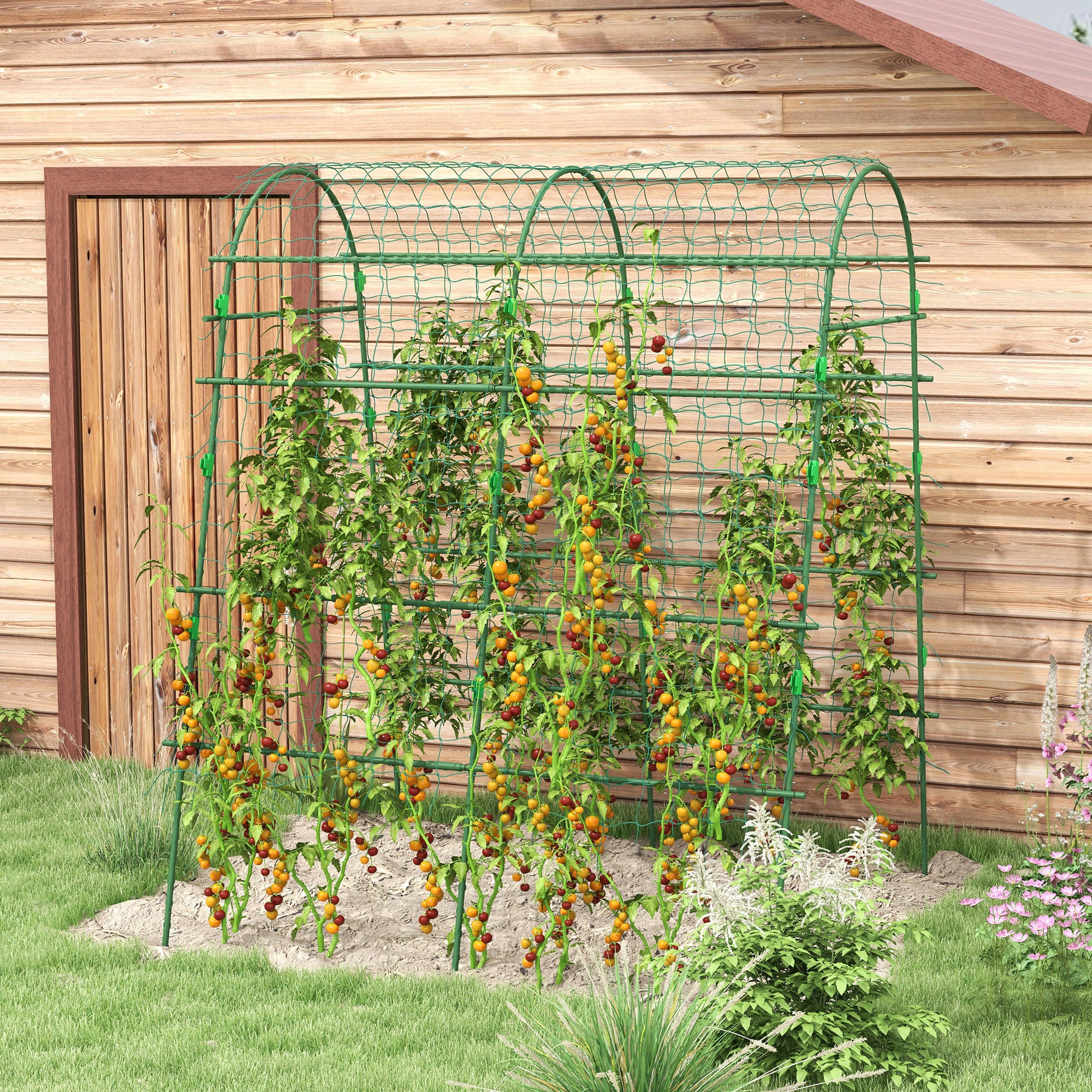 garden arch trellis for climbing plants Outsunny Metal Arch Garden Trellis for Climbing Plants, A-Frame with Net, 57"x66"x81", Green Outdoor Decor