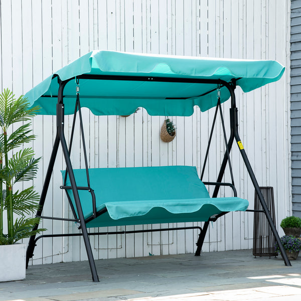 Outsunny 3-Seat Outdoor Patio Swing Chair with Removable Cushion, Steel Frame Stand and Adjustable Tilt Canopy for Patio, Garden, Poolside, Balcony, Backyard, Green