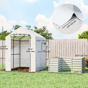 Greenhouse with Raised Garden Bed, 56" x 56" x 75" Galvanized Metal Planter Box with PE Cover, Roll Up Door and Windows, Outdoor Greenhouse for Flowers Vegetables, White