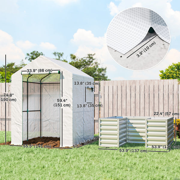 Greenhouse with Raised Garden Bed, 56" x 56" x 75" Galvanized Metal Planter Box with PE Cover, Roll Up Door and Windows, Outdoor Greenhouse for Flowers Vegetables, White