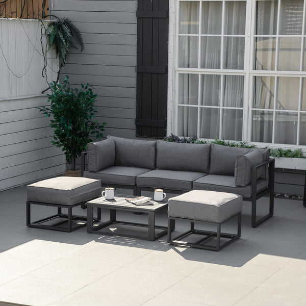 6 Pieces Outdoor Patio Furniture Set, Space-Saving Aluminum Outdoor Daybed, Thickened Cushions, Outdoor Sectional Conversation Set with Coffee Table, Footstools, Grey