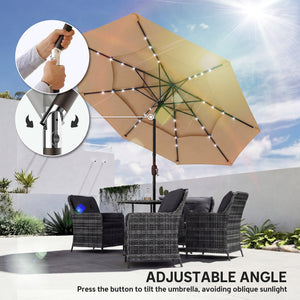 2.8 m Garden Parasol Umbrella with LED Solar Light, Parasol Cover, 3 Tier Outdoor Table Market Patio Umbrella Sun Shade with Tilt and Crank, 8 Ribs, Khaki