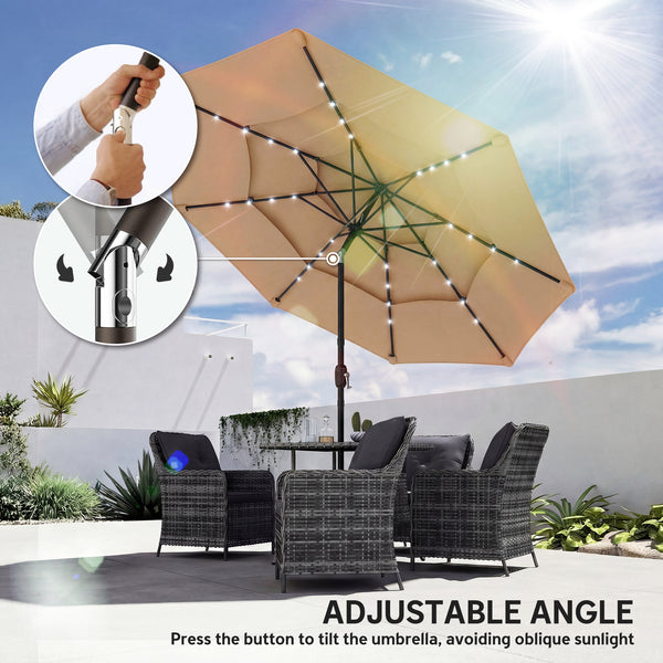 2.8 m Garden Parasol Umbrella with LED Solar Light, Parasol Cover, 3 Tier Outdoor Table Market Patio Umbrella Sun Shade with Tilt and Crank, 8 Ribs, Khaki